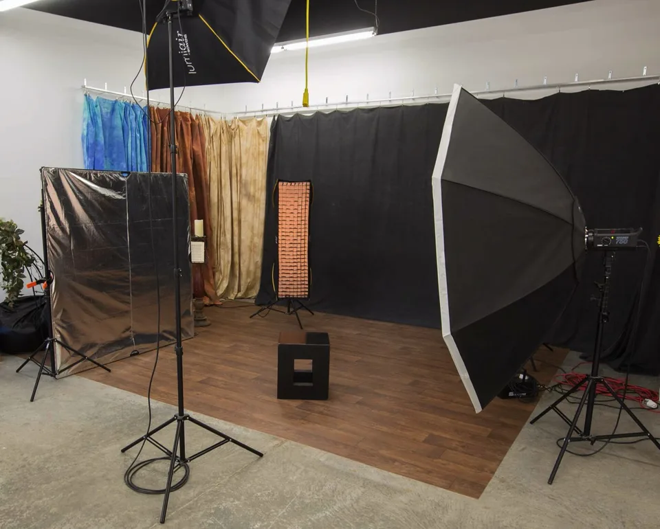 Studio sets with backdrops and lighting